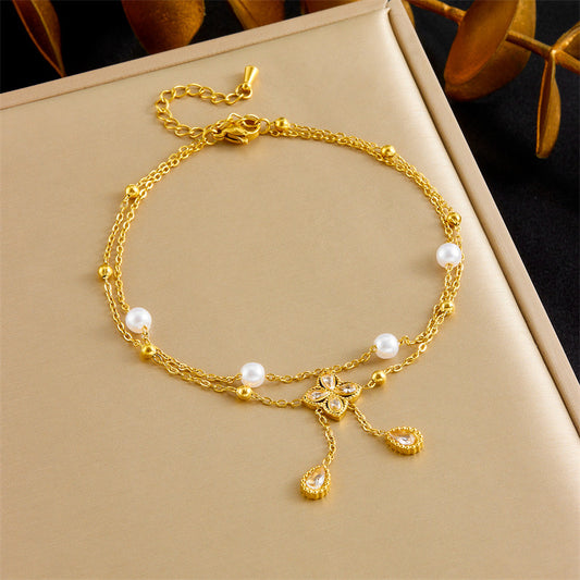 Double Layer Diamond Flower Pearl Bracelet