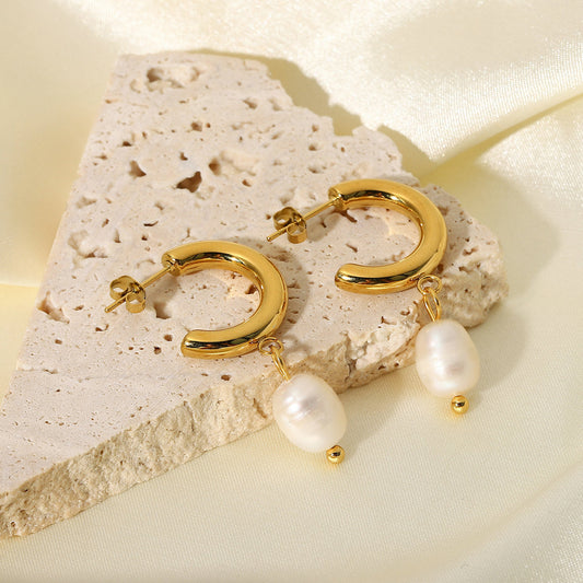 Fashionable Gold Pearl Open Hoop Earrings