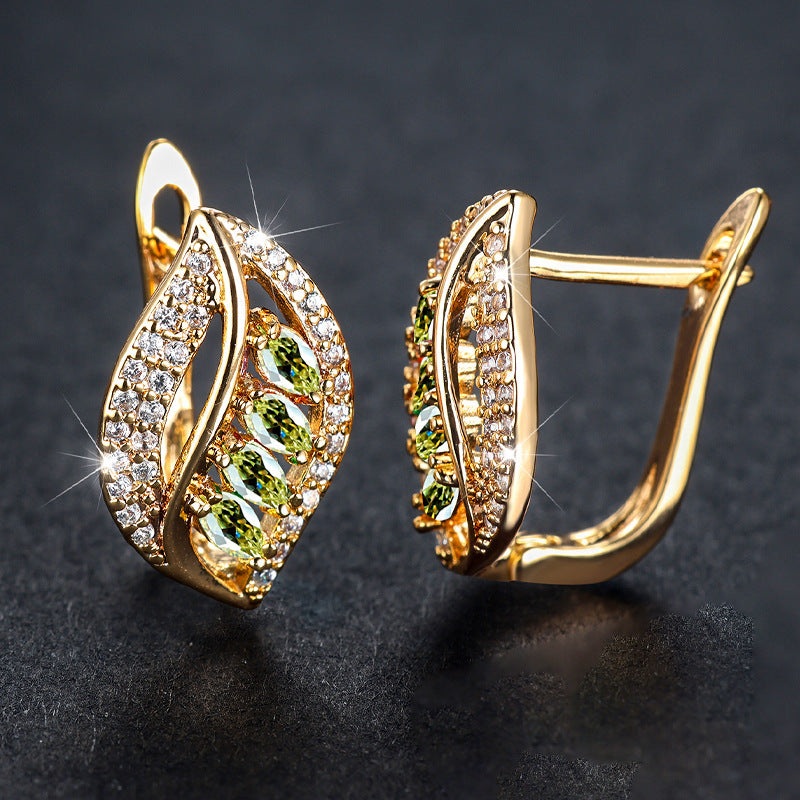 Diamond Leaf Zircon-encrusted Stud Earrings